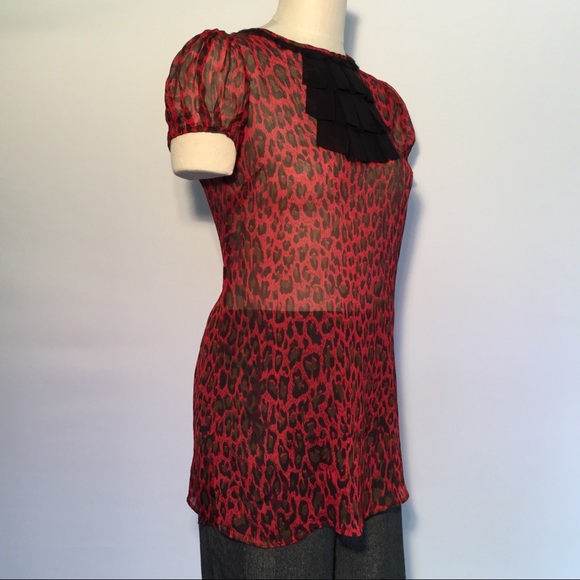 XXI TWIST Red/Black Leopard Print Sheer Tunic - Picture 3 of 6